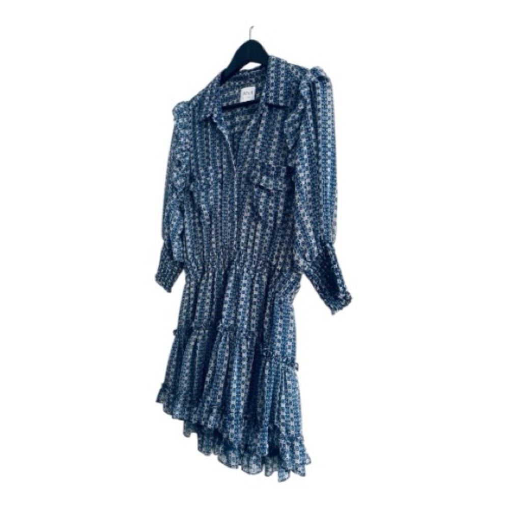 MISA Los Angeles Revolve Shopbop Lillian Dress Blue Geometric Boho Ruffle Mini M - Picture 5 of 12